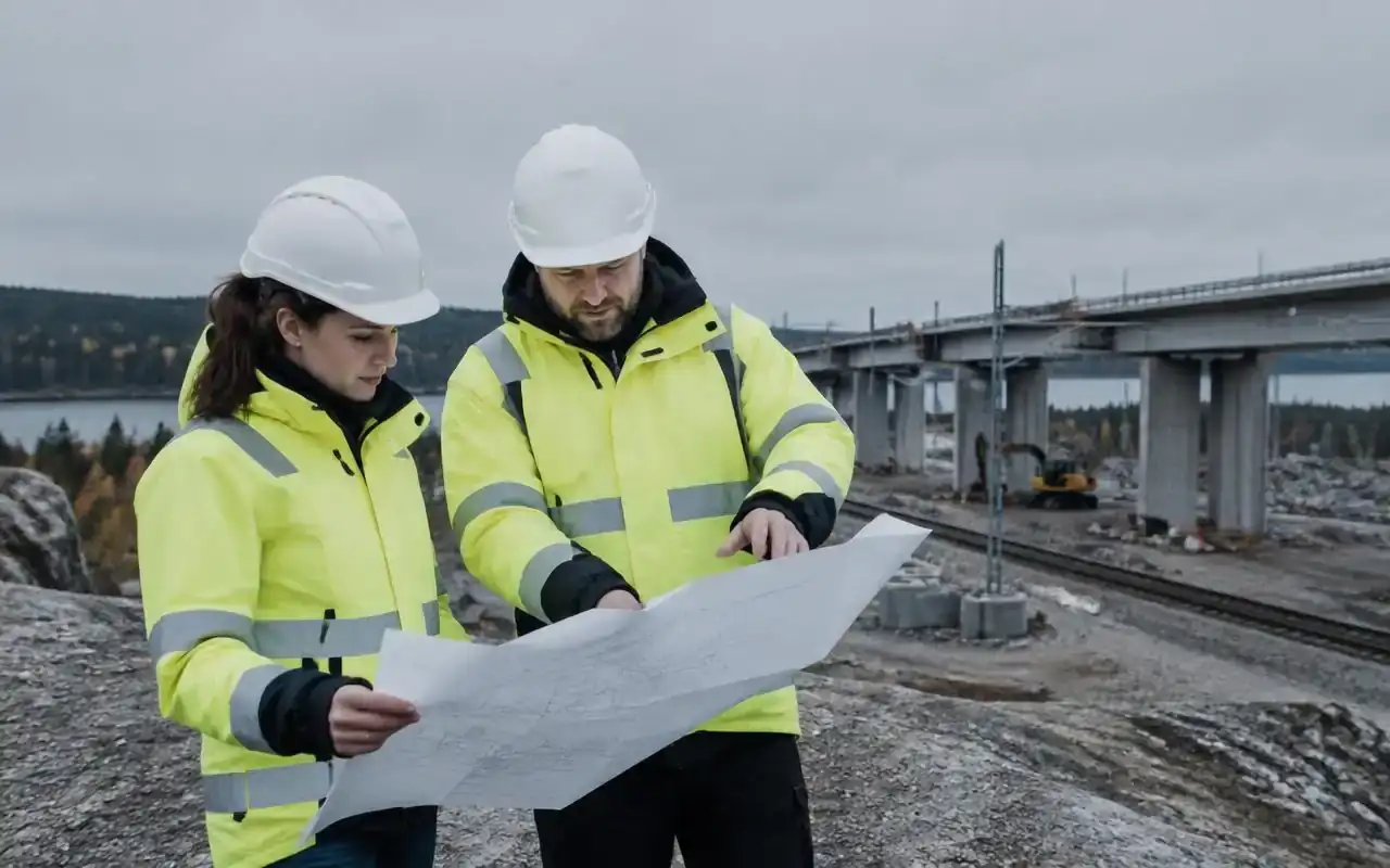 Projektchef och ingenjör går igenom ritningar vid ett järnvägsbygge
