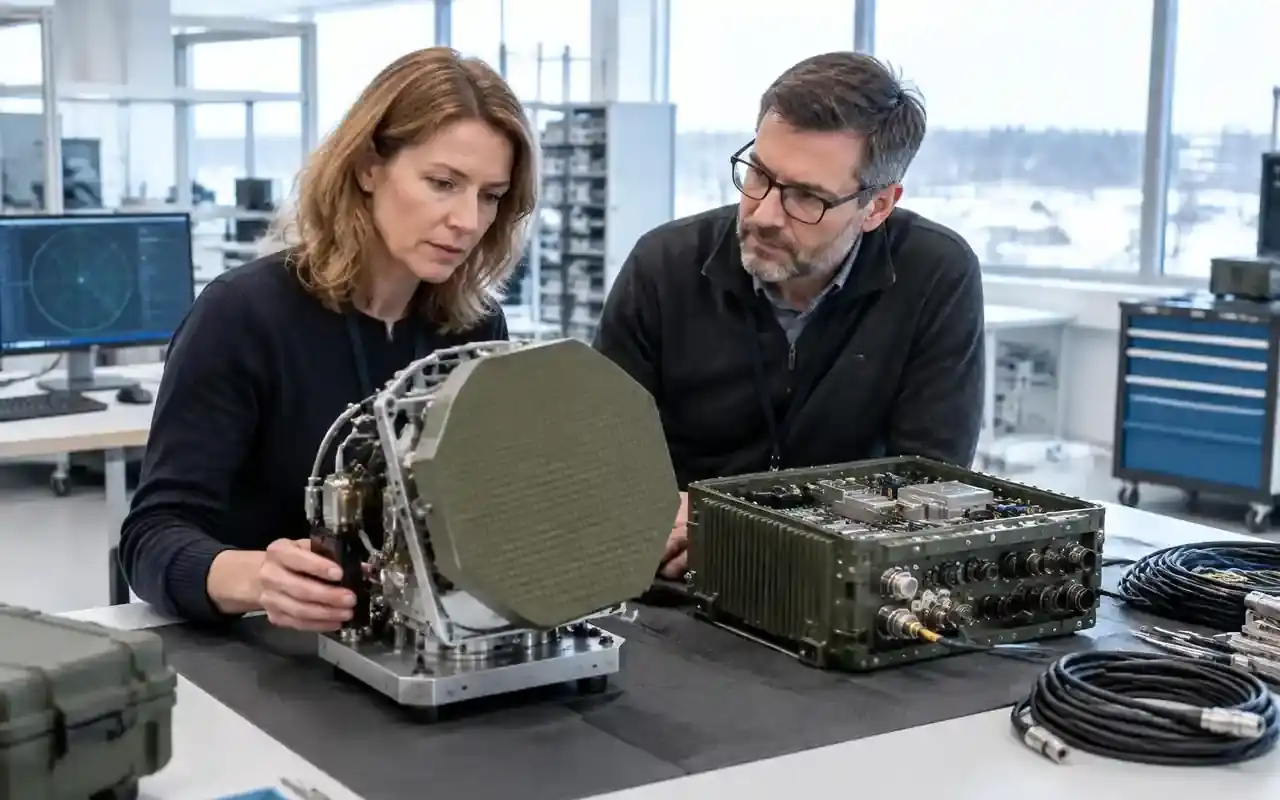 Två ingenjörer undersöker en radarsensor och elektronik på en arbetsbänk