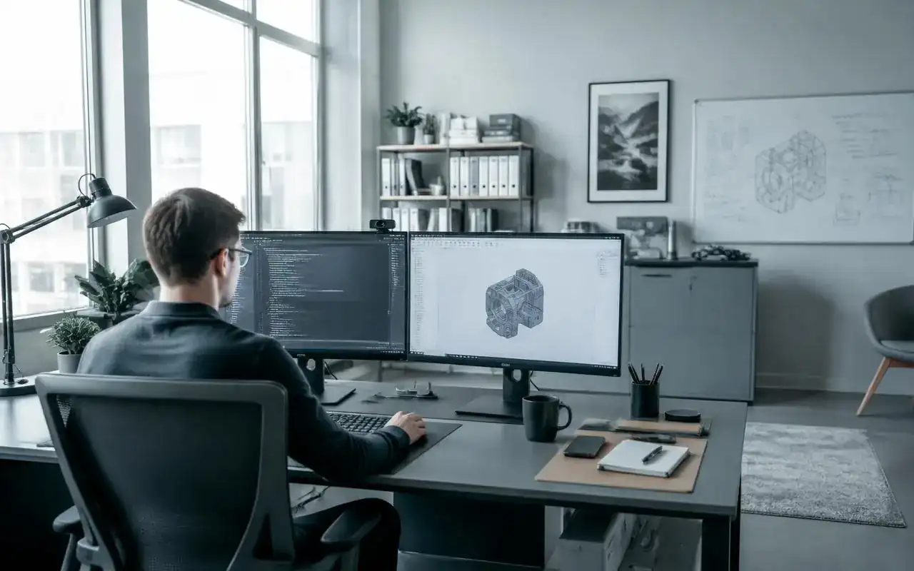 Ingenjör vid skrivbord med kod och 3D-ritning på skärmarna