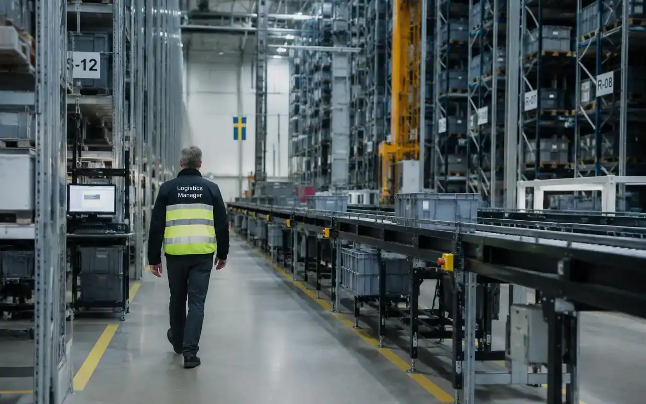 Logistikchef går genom ett automatiserat lager